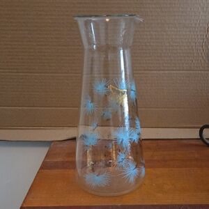 Vintage Libbey Douglas Turquoise and Gold Pine Cone Decor Clear Carafe/Pitcher
